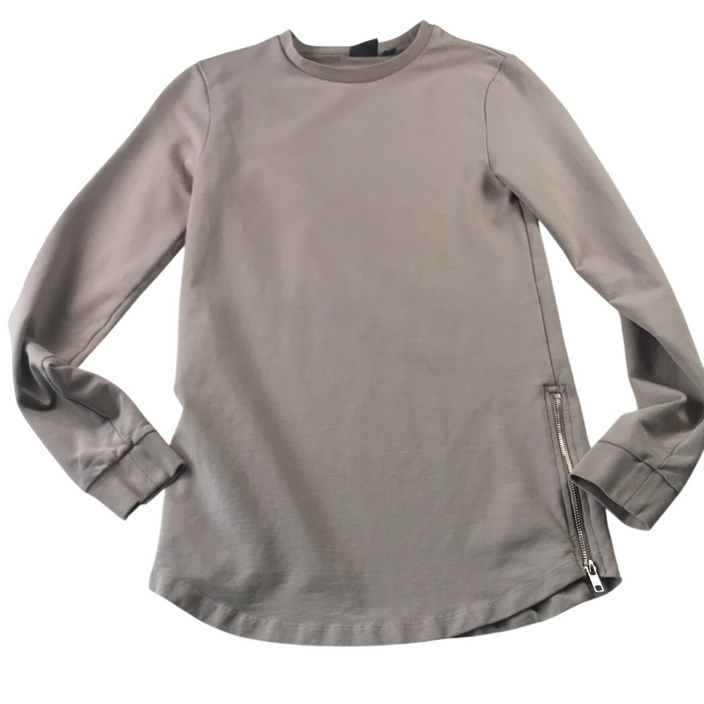 ASOS XXS Longline Zipper Sides Tan Tshirt Long Sleeve Crew Neck 2XS